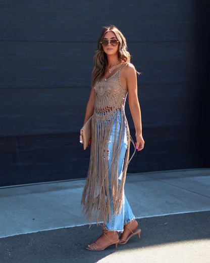 Boho Crochet Fringe Beach Cover Up Dress Swimsuit Resort Wear