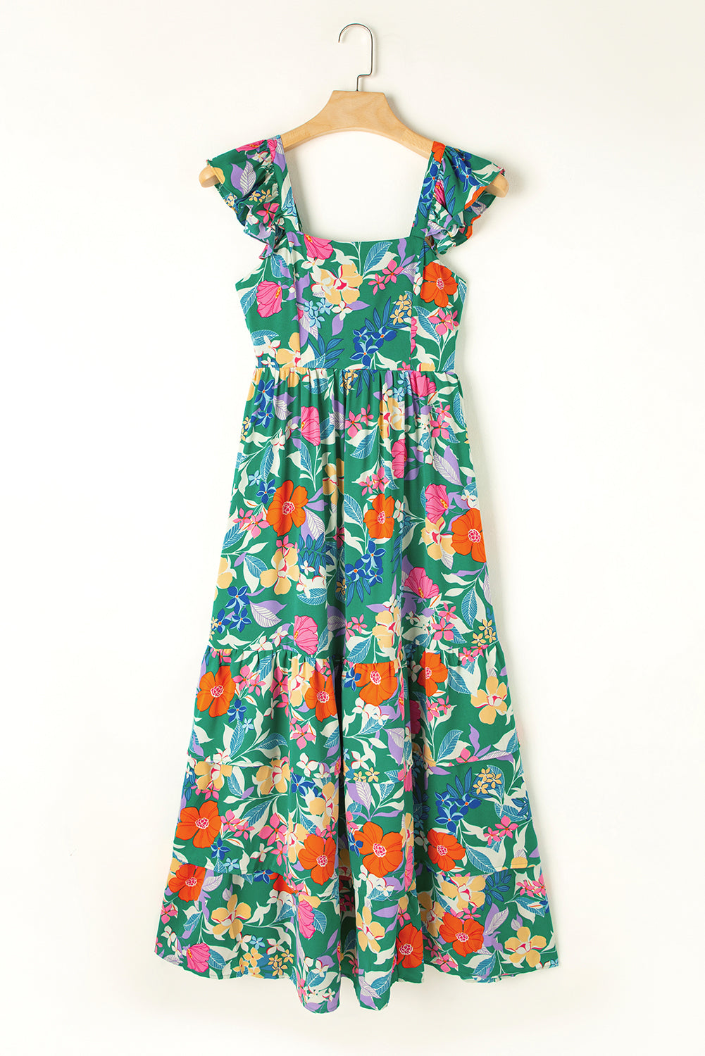 Easter Floral Square Neck Ruffle Strap Maxi Dress