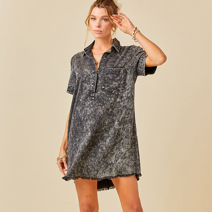Washed Denim Shirt Dress Short Sleeve Casual Mini Dress