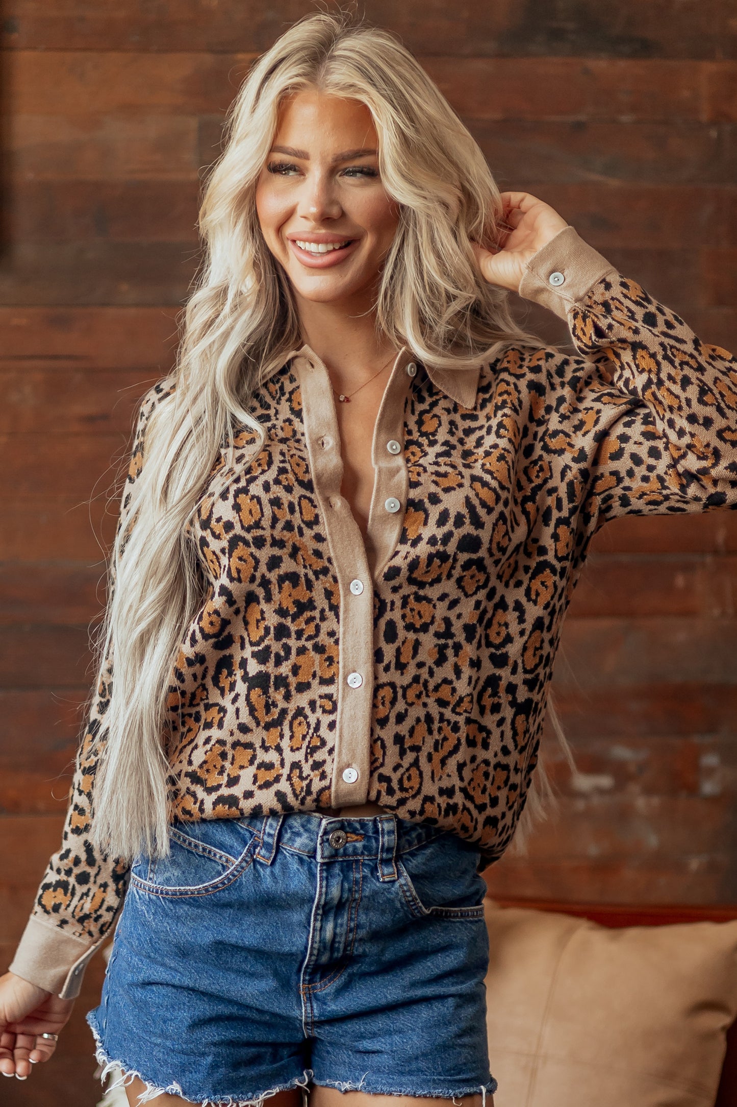 Leopard Print Button Up Knit Cardigan Top