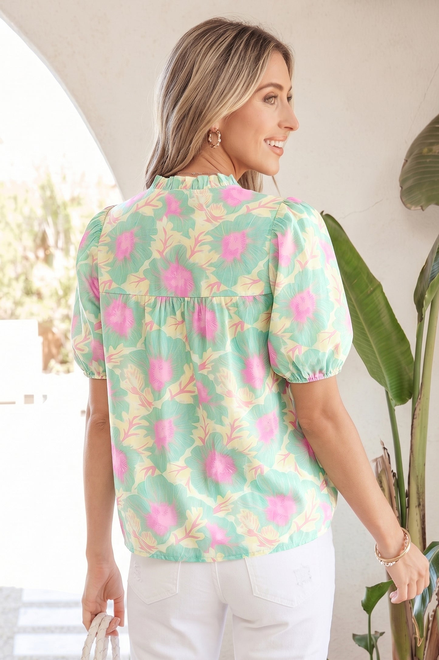 Floral Print Bubble Sleeve Loose Fit Summer Blouse