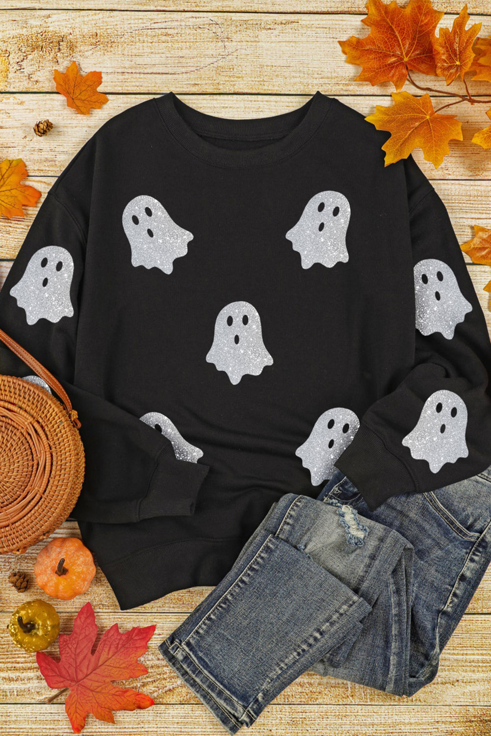 Halloween Glitter Ghost Pattern Drop Shoulder Sweatshirt