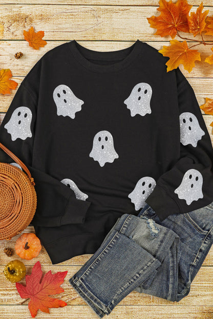Halloween Glitter Ghost Pattern Drop Shoulder Sweatshirt