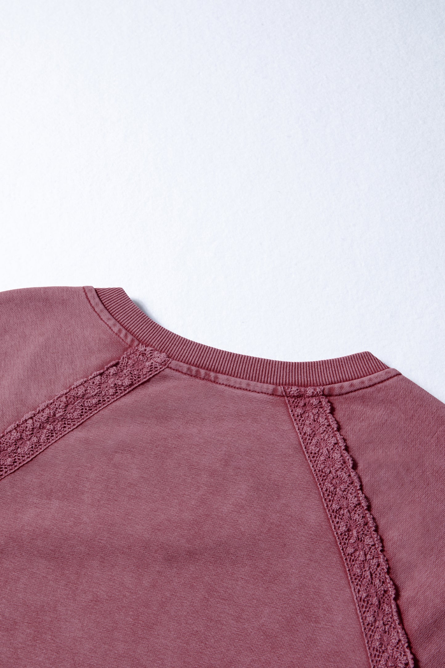 Lace Patchwork Notched Neck Mineral Wash Sweatshirt