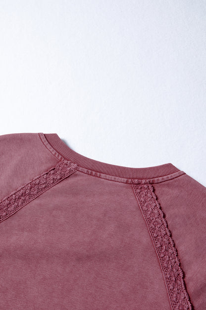 Lace Patchwork Notched Neck Mineral Wash Sweatshirt