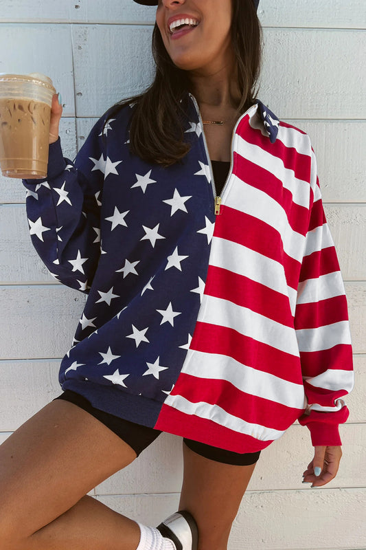 4th of July American Flag Oversized Quarter Zip Sweatshirt