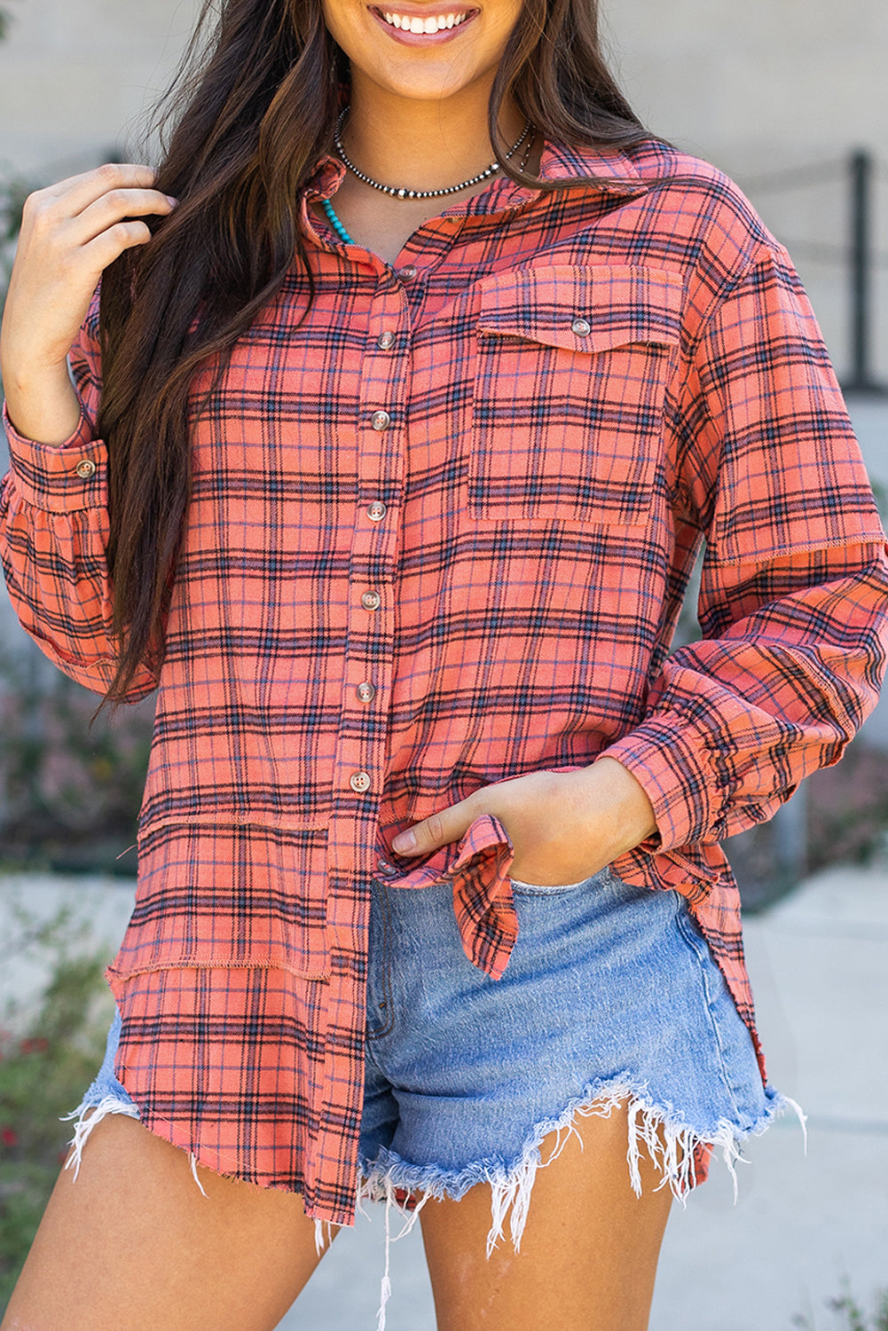 Plaid Long Sleeeve Side Split Distressed Hem Shirt