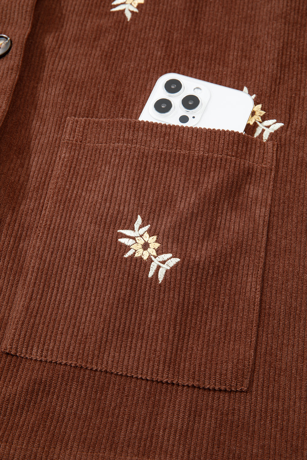 Coffee Corduroy Floral Embroidered Button Front Jacket