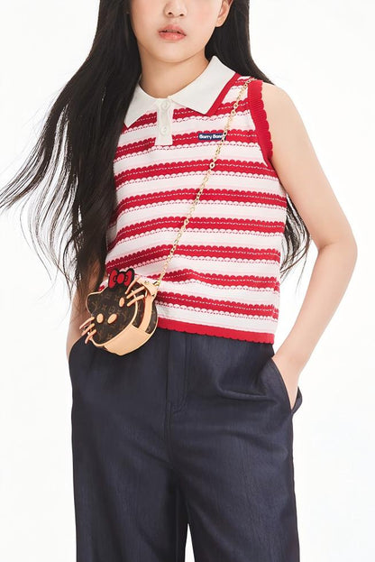 Girls Summer Sleeveless Knit Striped Top Polo Collar
