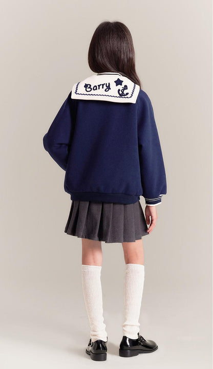 Girls Navy Sailor Collar Jacket Embroidered Casual Coat