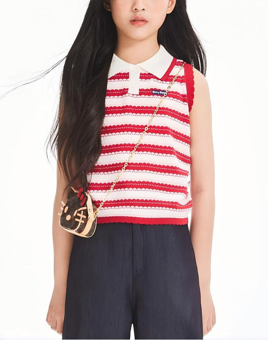Girls Summer Sleeveless Knit Striped Top Polo Collar