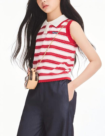 Girls Summer Sleeveless Knit Striped Top Polo Collar