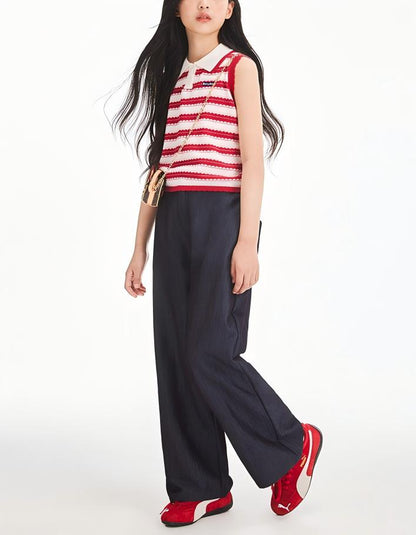 Girls Summer Sleeveless Knit Striped Top Polo Collar