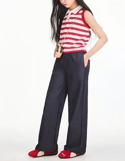 Girls Summer Sleeveless Knit Striped Top Polo Collar