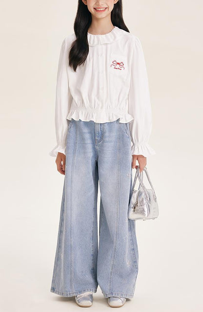 Girl's Wide Leg Star Print Denim Jeans Casual Pants