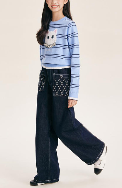 Girls' Wide Leg Denim Pants Dark Blue Casual Jeans