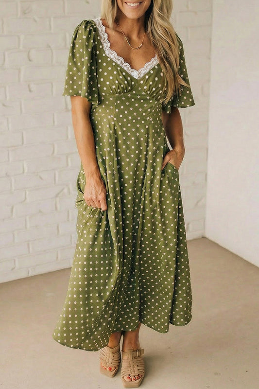 Green Polka Dot Lace Trim Smocked Maxi Dress