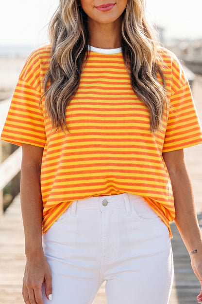 Sky Blue Striped Contrast Neck Drop Shoulder Loose Tee