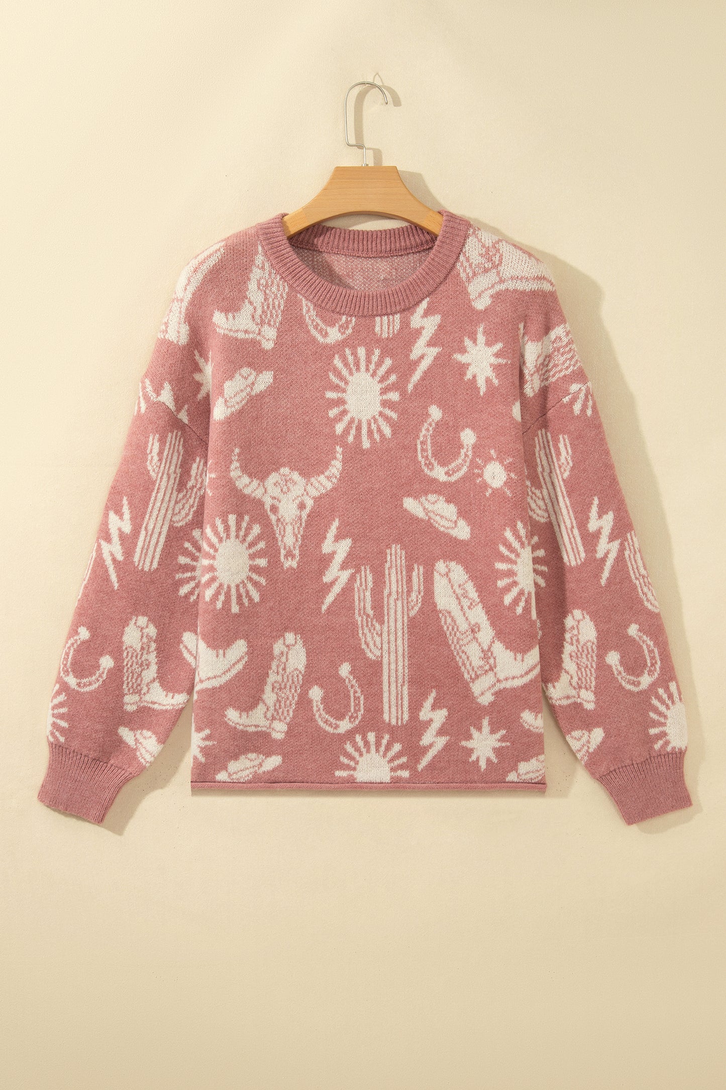 Western Celestial Print Oversized Crew Neck Sweater