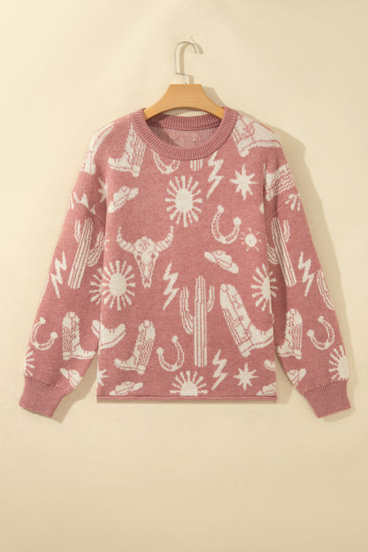 Western Celestial Print Oversized Crew Neck Sweater