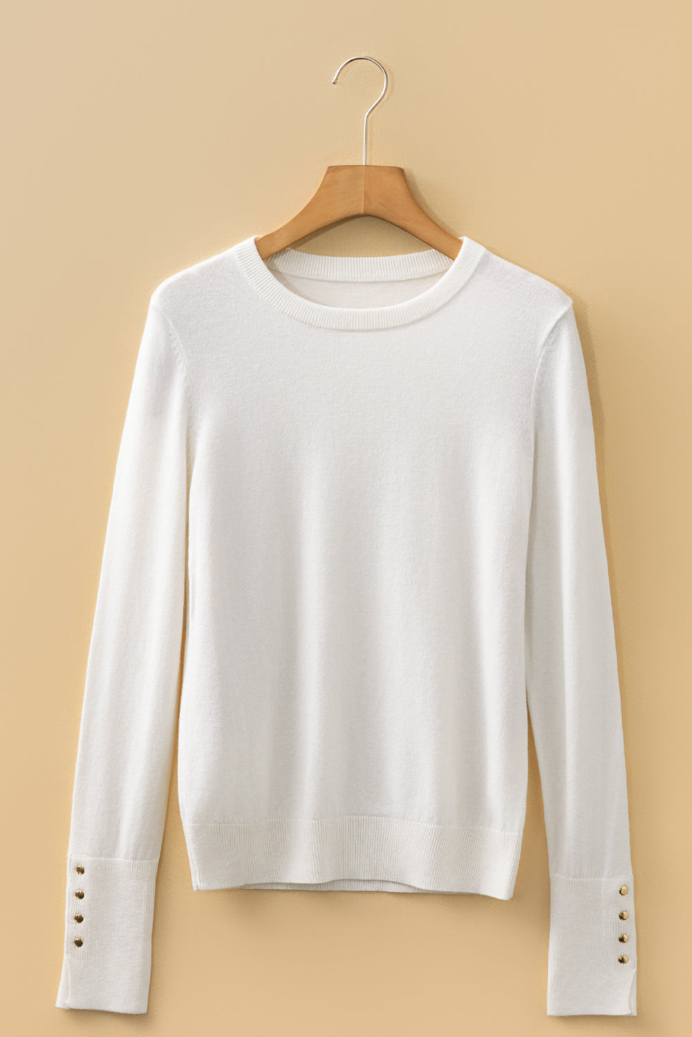 White Slim Fit Knit Sweater with Button Split Cuffs