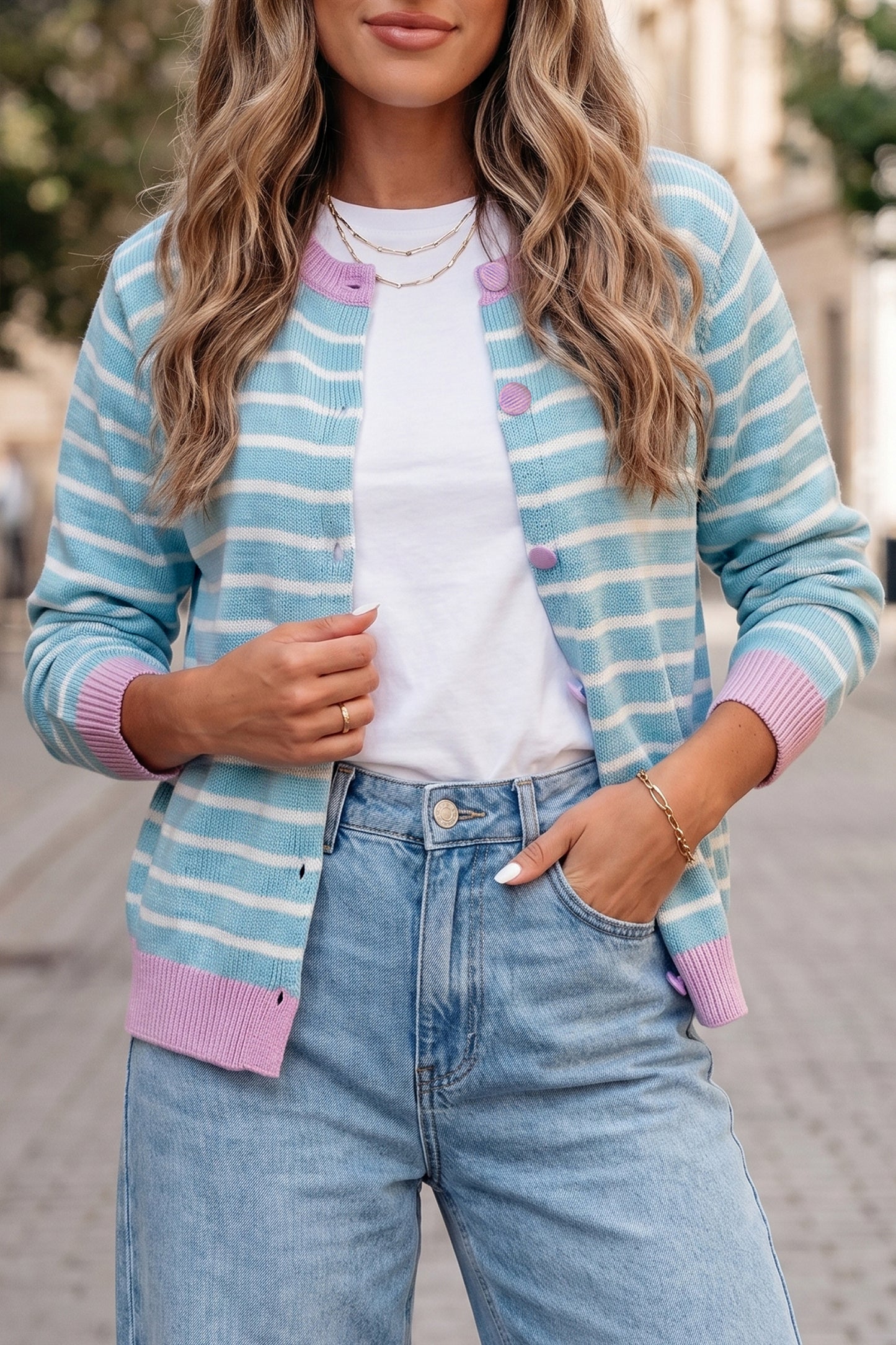 Sky Blue Pastel Stripe Button Knit Cardigan Sweater Top