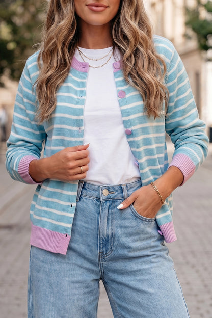 Sky Blue Pastel Stripe Button Knit Cardigan Sweater Top