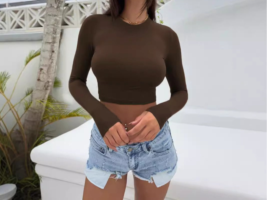 Women's Y2K Sexy Long Sleeve Crop Top Fitted Basic Tee