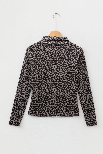 Western Leopard Print Mock Neck Long Sleeve Top Brown