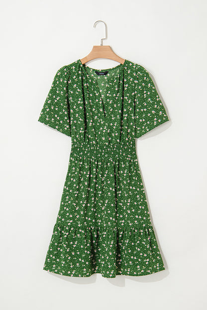Boho Floral V Neck Smocked Waist Mini Dress