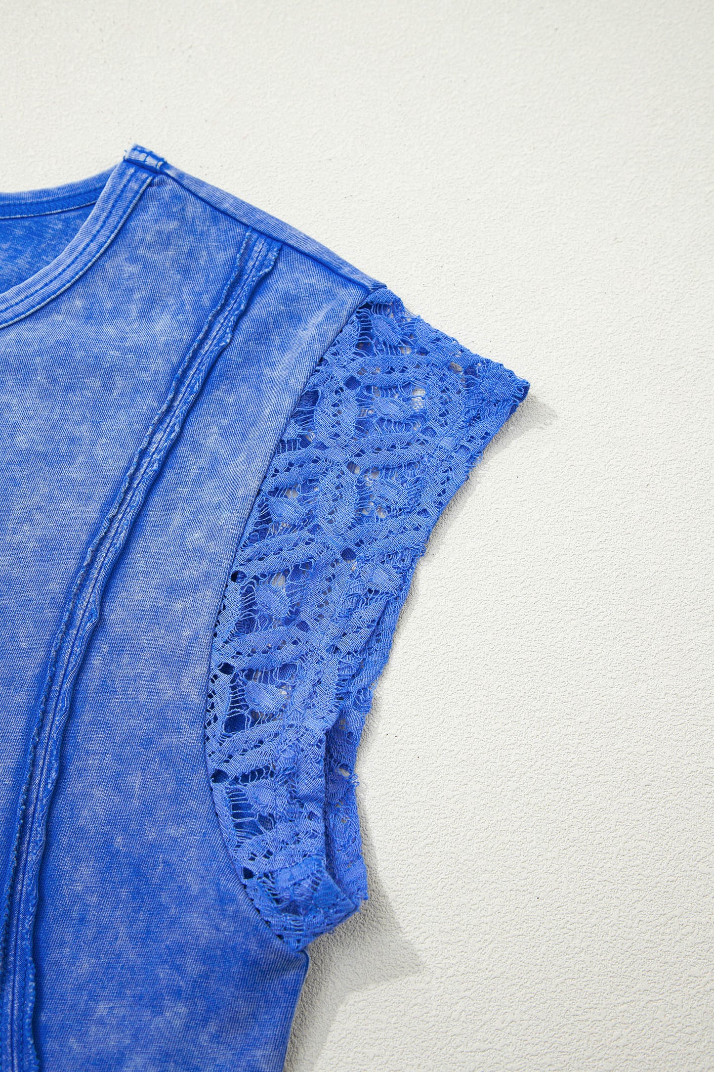 Sky Blue Lace Sleeve Mineral Wash Cotton Tee