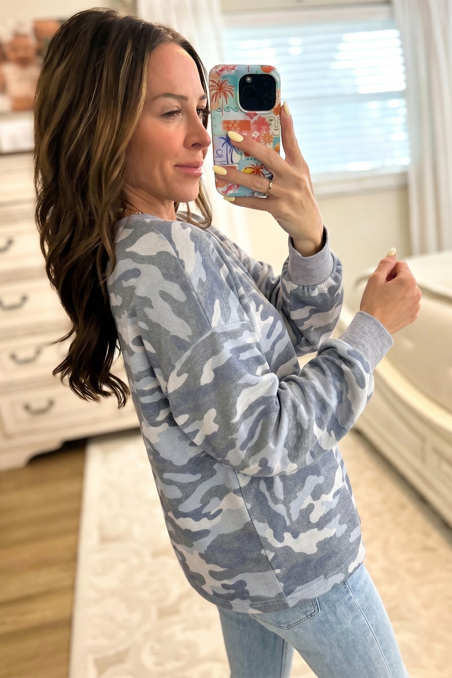Grey Camouflage Long Sleeve Crew Neck Casual Pullover Top