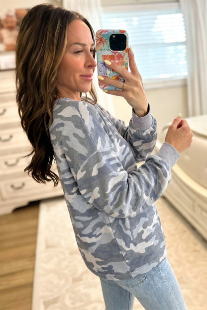 Grey Camouflage Long Sleeve Crew Neck Casual Pullover Top