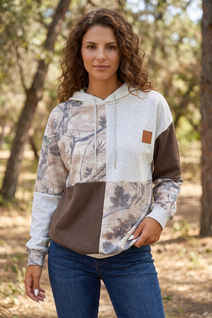 Camo Colorblock Hoodie Western Drawstring Pullover