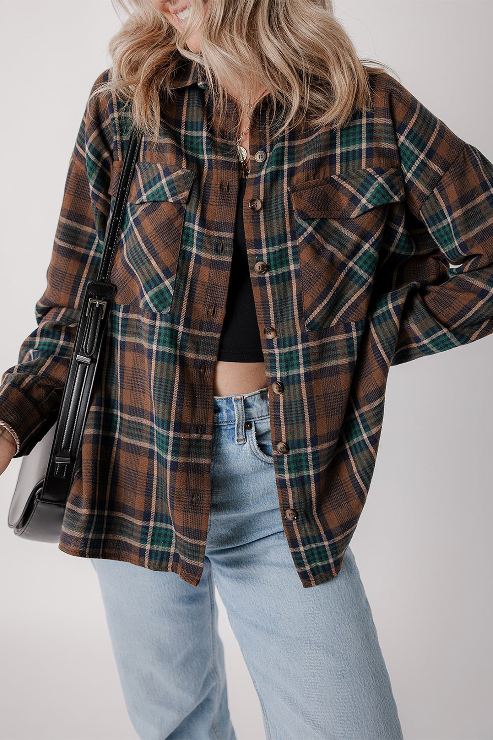 Brown Plaid Button-Down Shacket with Chest Pockets