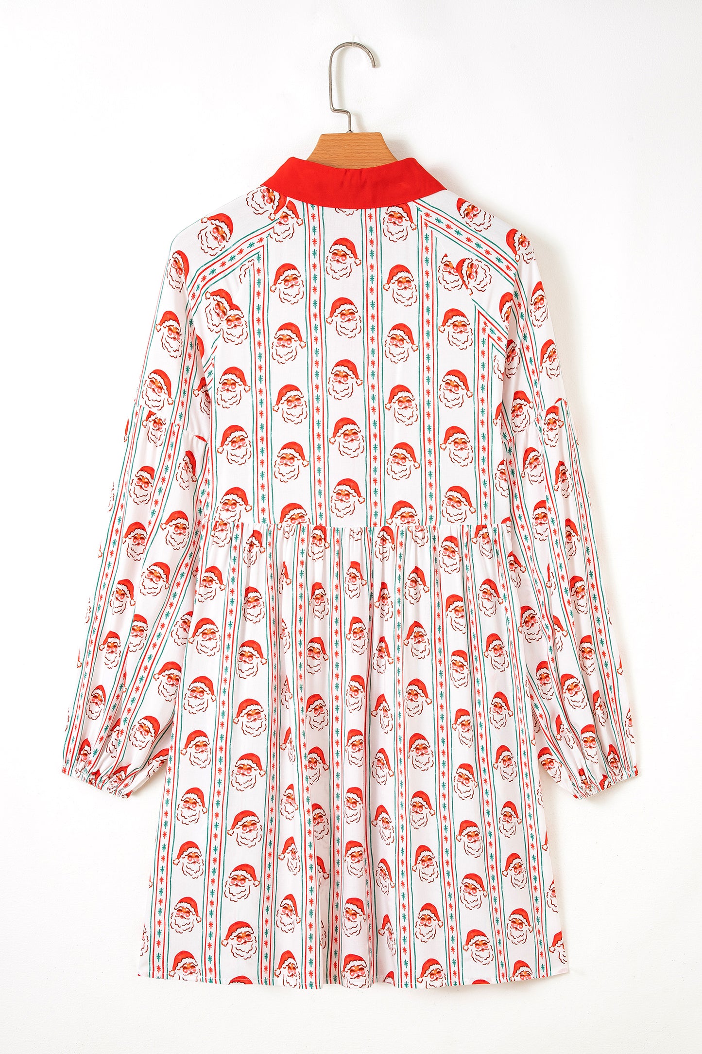 Santa Print Button Front Long Sleeve Christmas A Line Dress