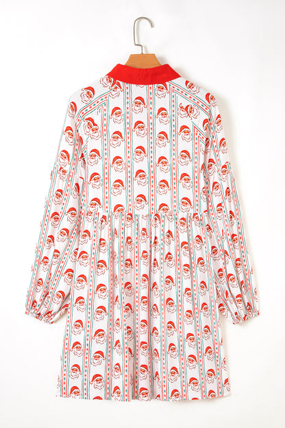 Santa Print Button Front Long Sleeve Christmas A Line Dress