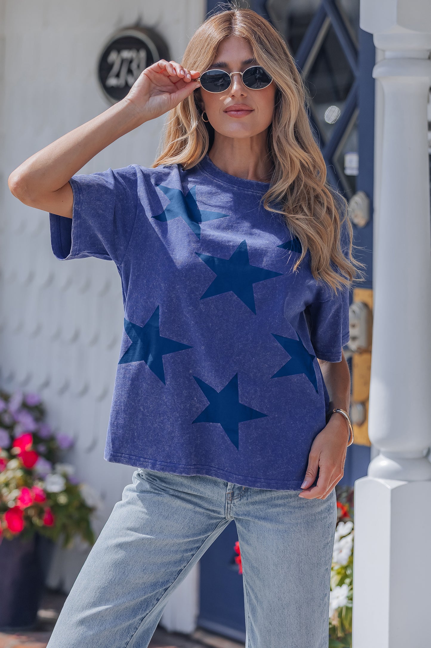 Blue Star Print Mineral Wash Flag Day Independence Tee