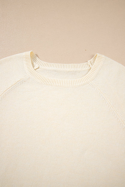 Button Cuff Bishop Sleeve Crew Neck Knit Sweater