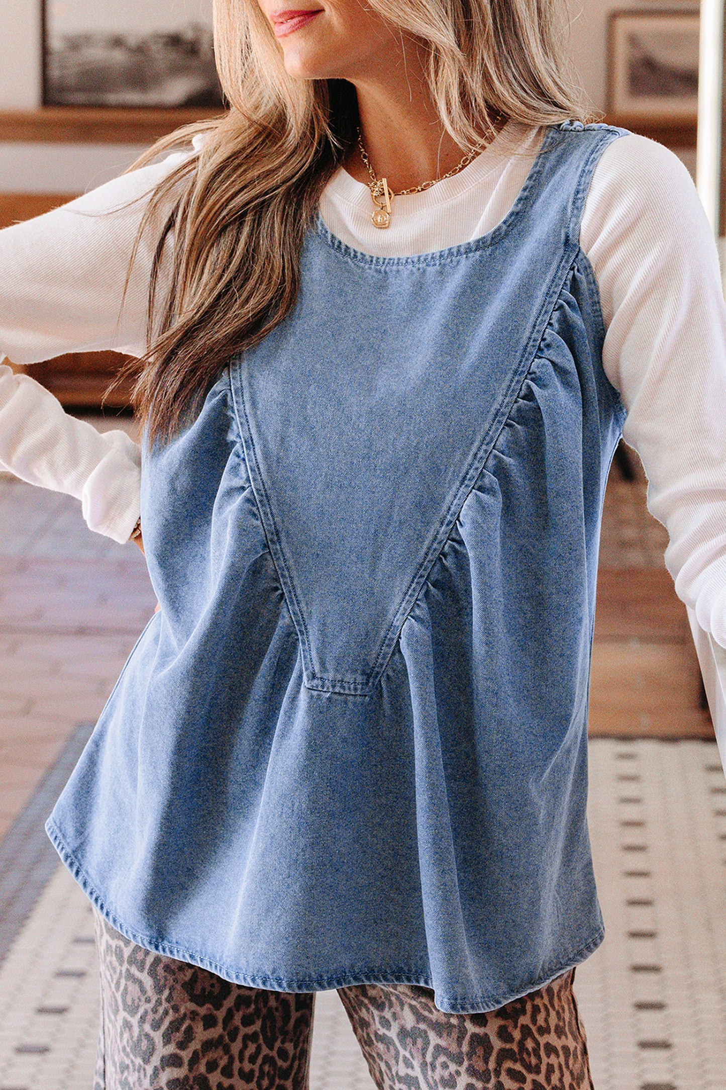 Washed Denim Ruffle Panel Babydoll Sleeveless Top