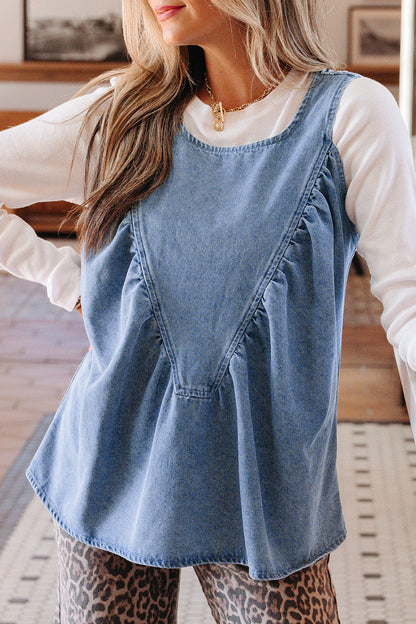 Washed Denim Ruffle Panel Babydoll Sleeveless Top