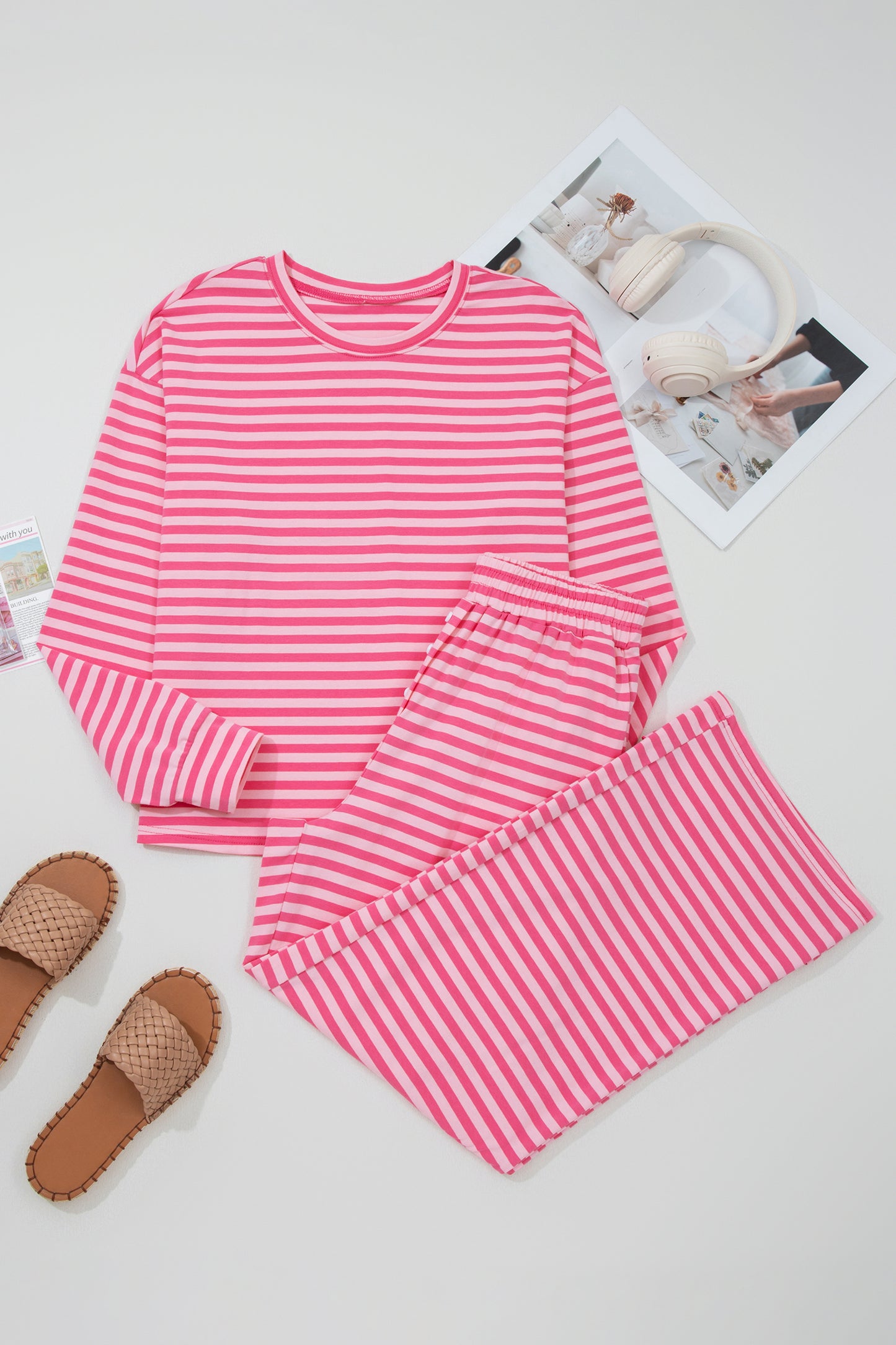 Striped Lounge Set Long Sleeve Top Wide Leg Pants
