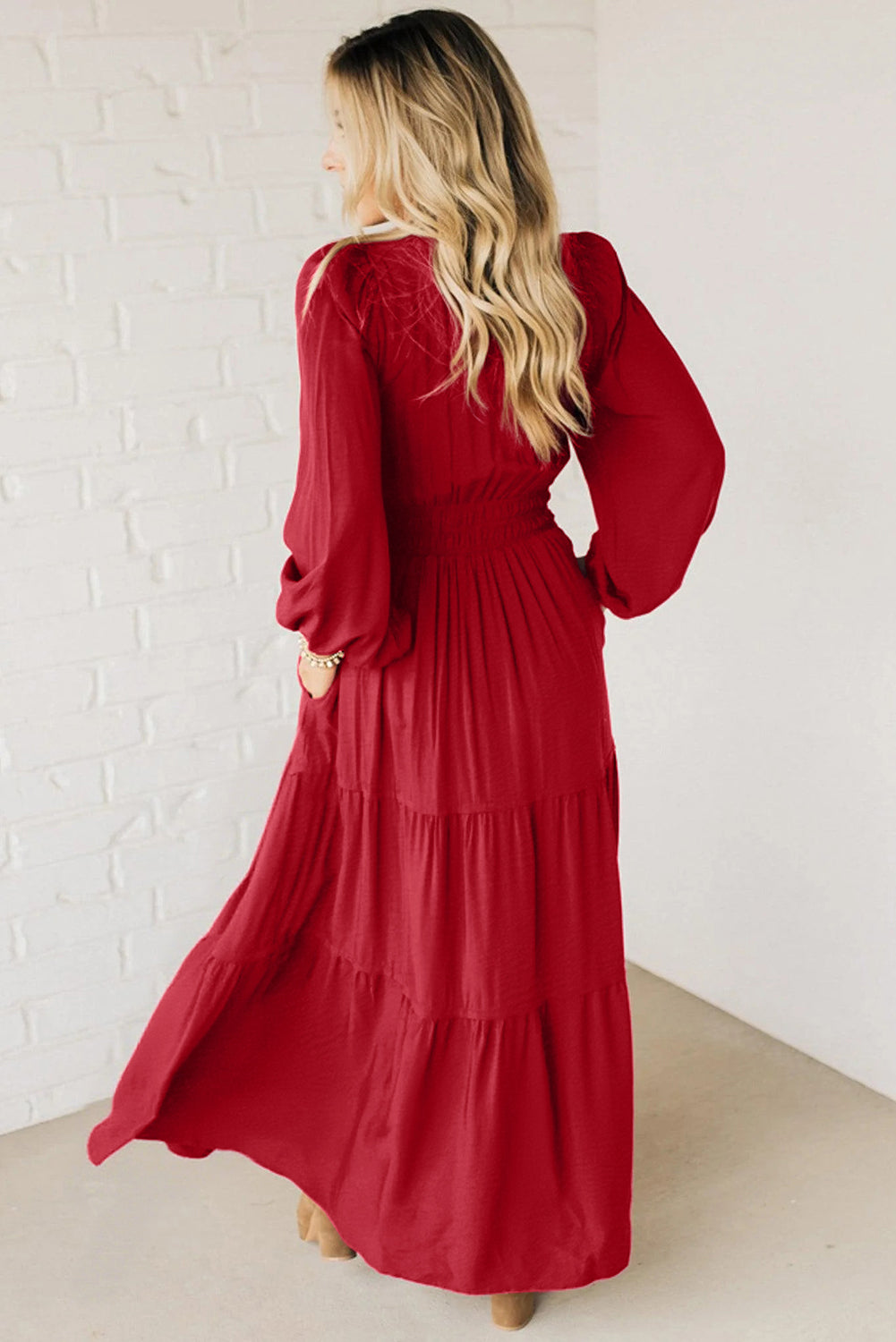 Racing Red Embroidered Cinched Waist Tiered Maxi Dress