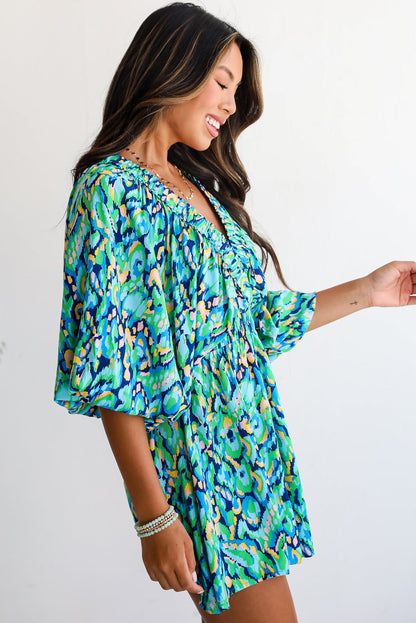 Green Abstract Print V Neck Puff Sleeve Smocked Romper