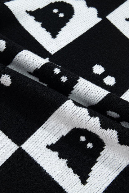 Halloween Ghost Print Checkerboard Knit Sweater