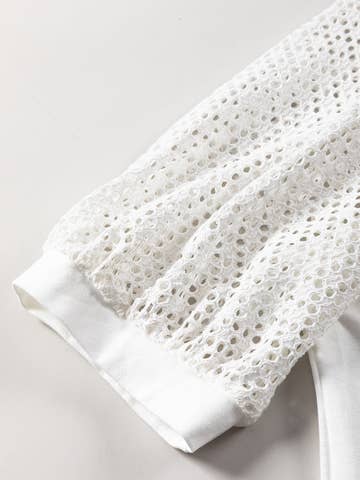 White Crochet Sleeve Crew Neck Summer Knit Tee Women