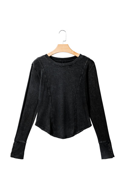Coffee Exposed Seam Ribbed Long Sleeve Top
