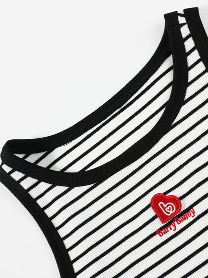Kids Striped Sleeveless Heart Embroidery Crop Tank Top
