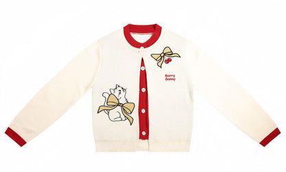 Charming Cat Knitted Cardigan & Red Plaid Pleated Skirt Set for Girls