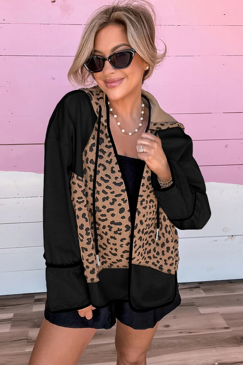 Brown Leopard Star Hooded Patchwork Contrast Piping Open Front Jacket